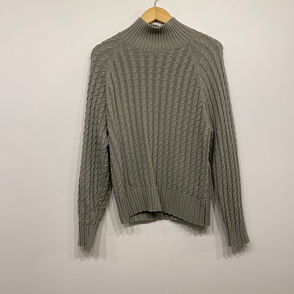 Everlane Women Sage Green Cable Knit Wool Cotton Mock Neck Sweater Size M
